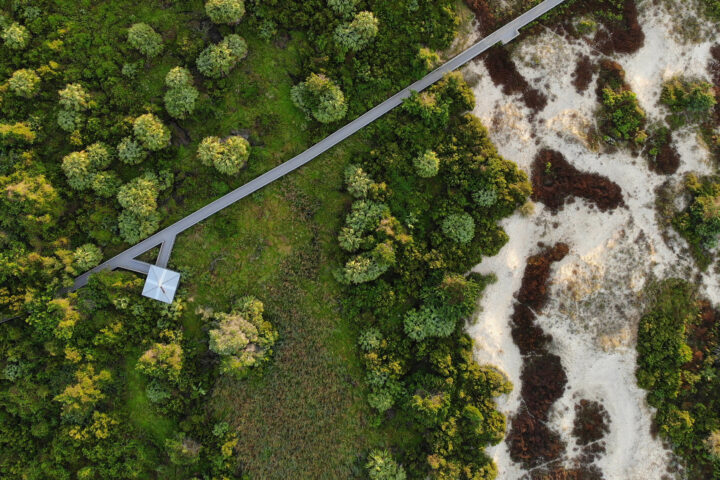 Aerial view of beach access and dunes near Camp Jekyll.