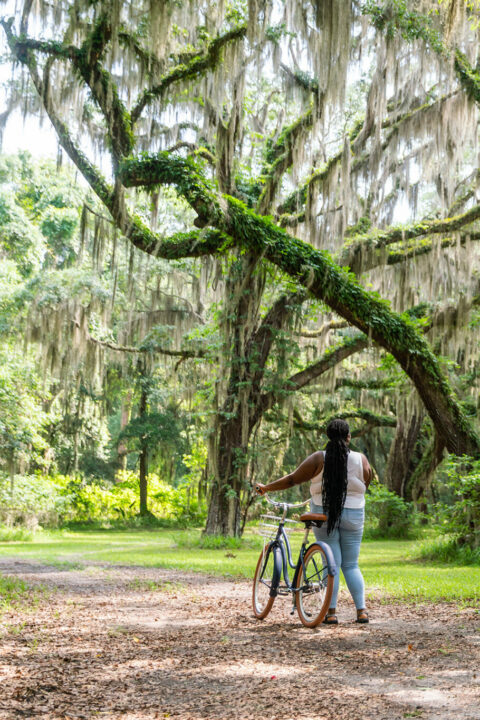 Woman with bike underneath live oak trees.